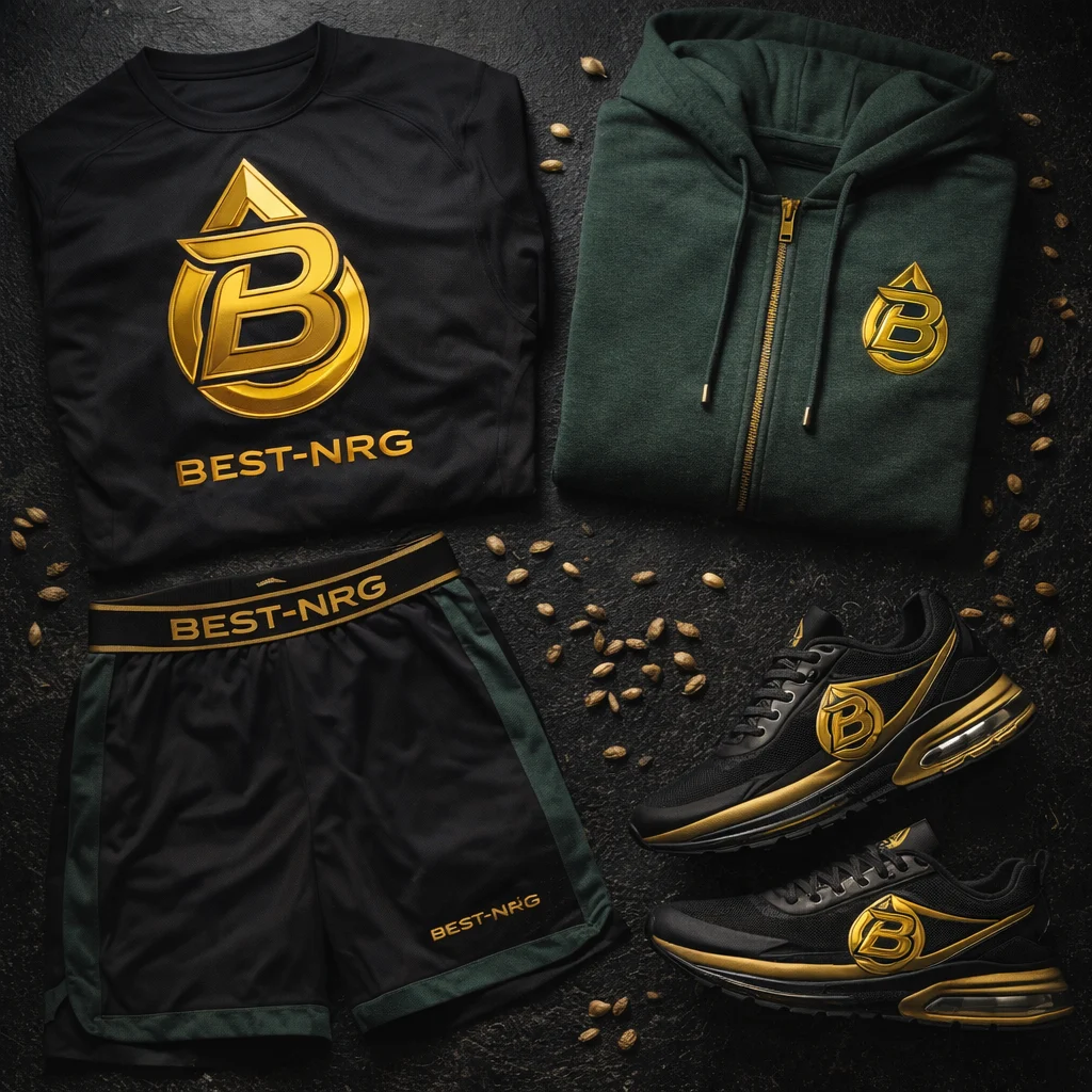 Best-NRG activewear collection - branded t-shirt, hoodie, shorts, and athletic shoes in black, green, and gold