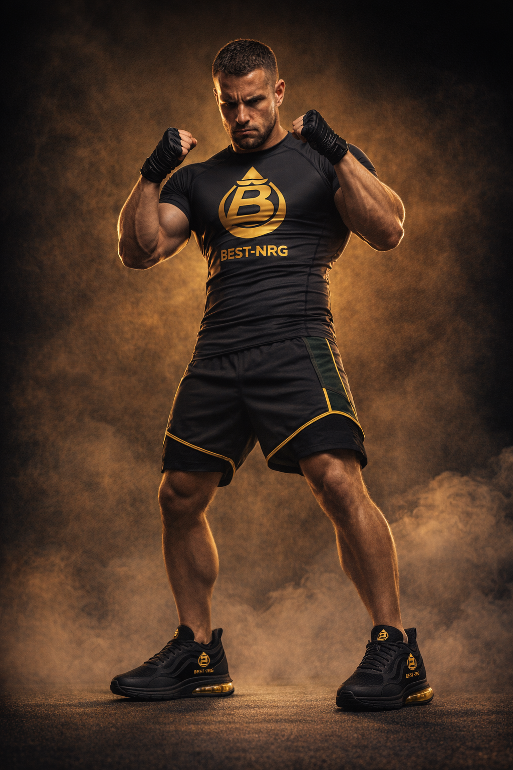 Best-NRG activewear - male fighter in Best-NRG rash guard, shorts, and athletic shoes