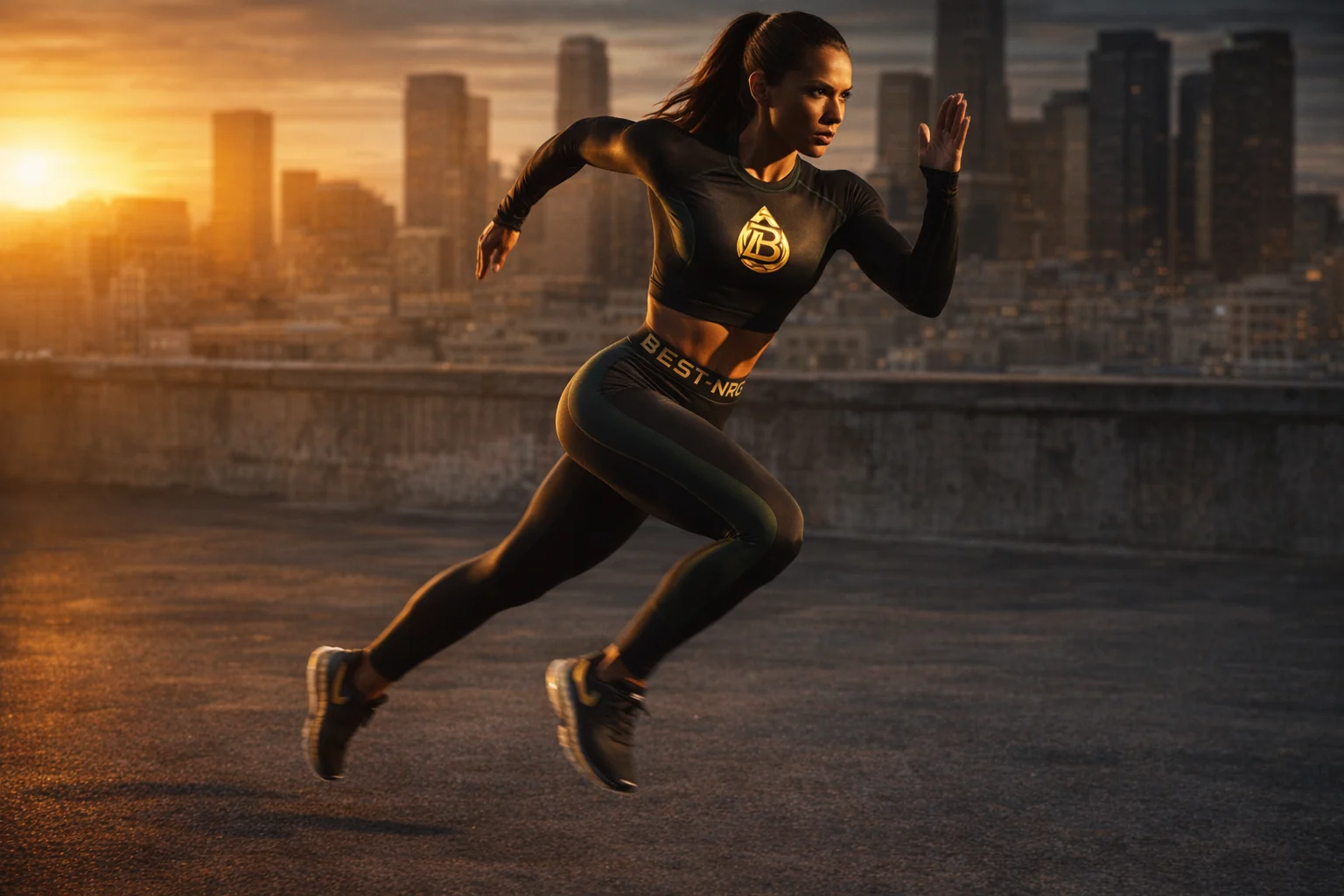 Best-NRG activewear - female athlete sprinting at sunset wearing Best-NRG crop top and leggings