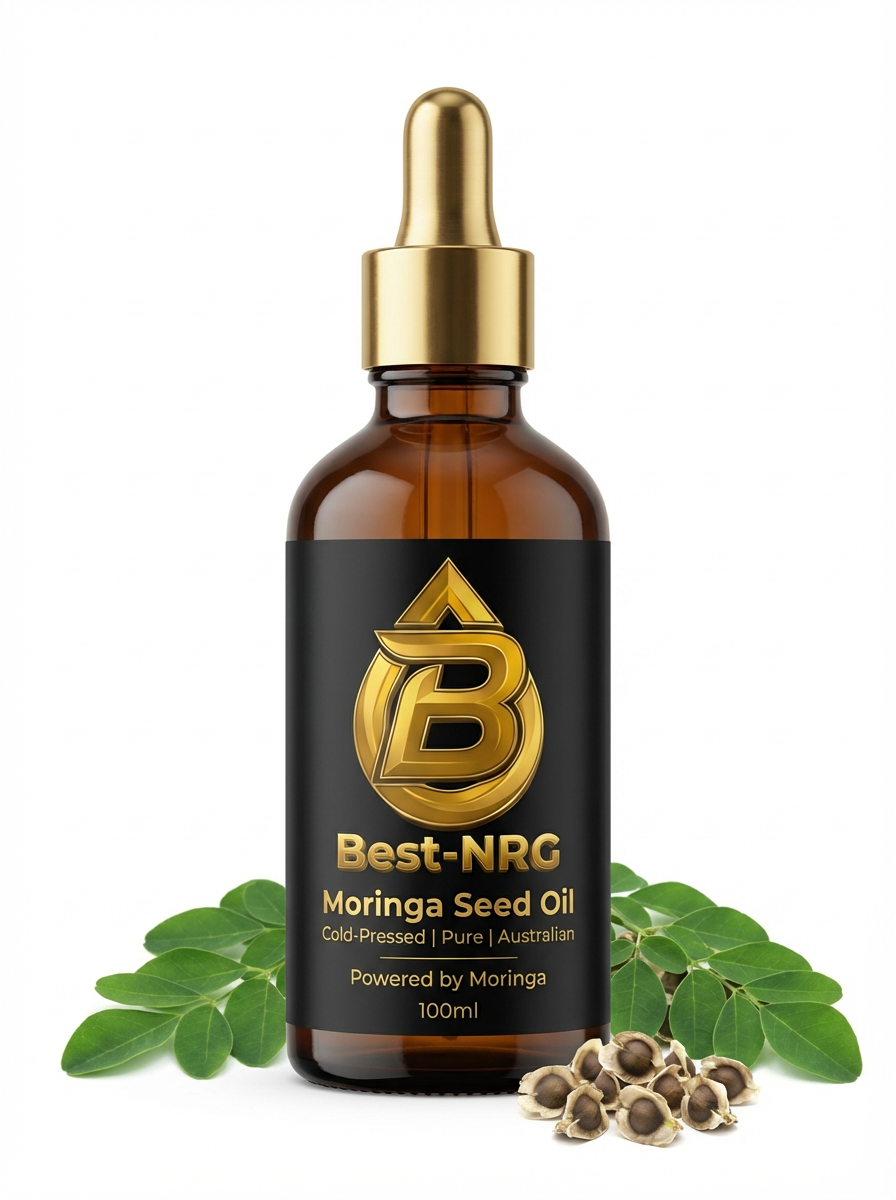 Best-NRG Moringa Seed Oil 100ml amber glass dropper bottle - cold-pressed, pure, Australian moringa oil with moringa leaves and seeds