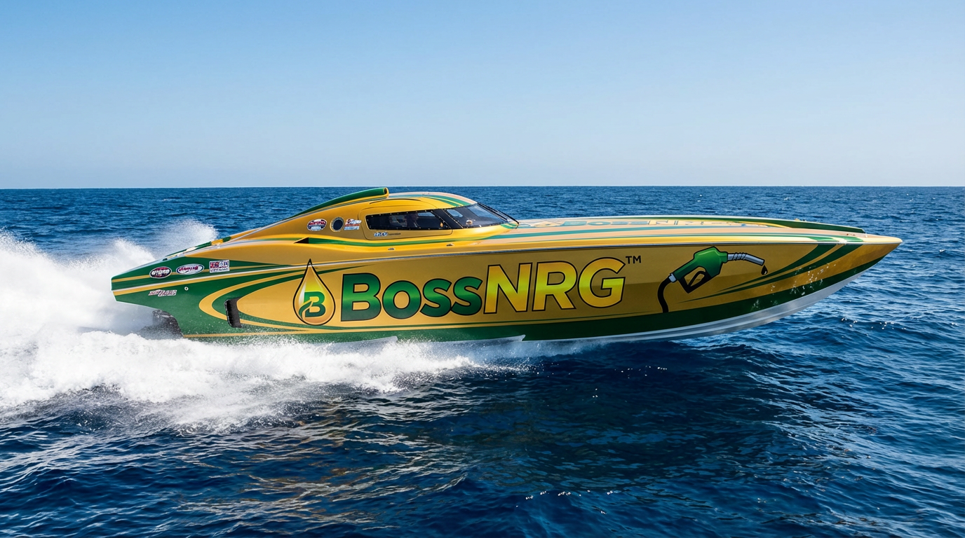 BossNRG branded power boat on water