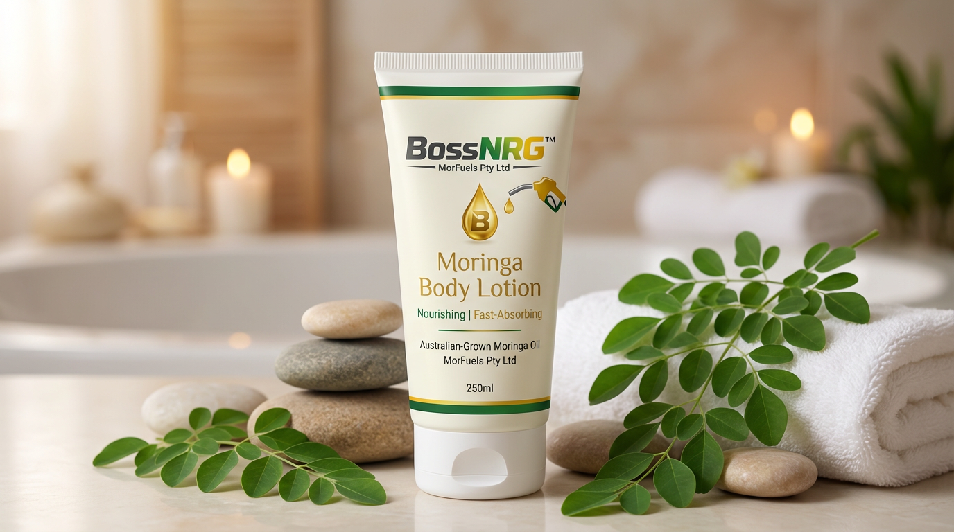 BossNRG Moringa Body Lotion 250ml in spa setting with moringa leaves