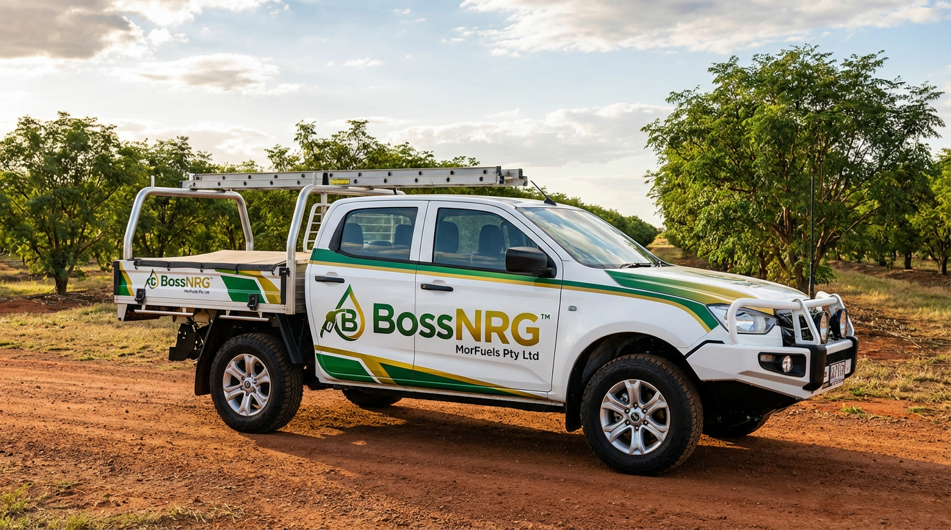 BossNRG branded Isuzu D-Max work vehicle in Moringa plantation