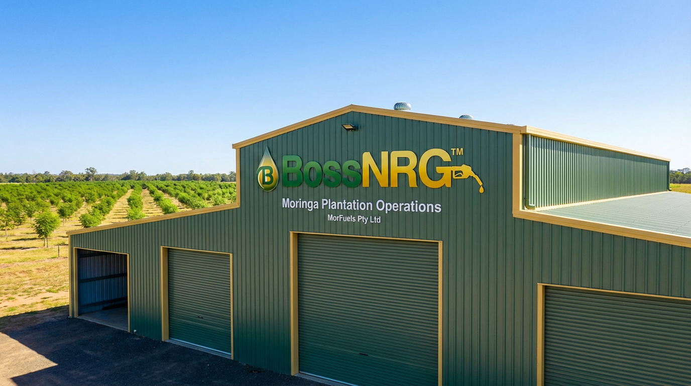 BossNRG branded plantation operations shed surrounded by Moringa trees