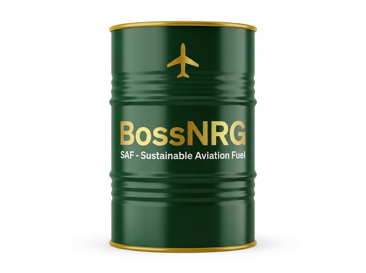 BossNRG Sustainable Aviation Fuel drum for SAF production via HEFA hydroprocessing